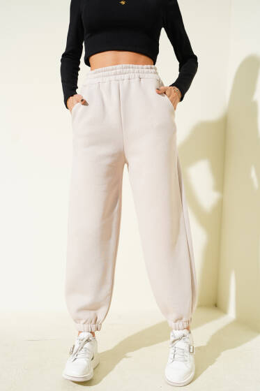 Paça Bel Lastikli Şardonlu Pantolon Bej - Kadın Giyim Modelleri