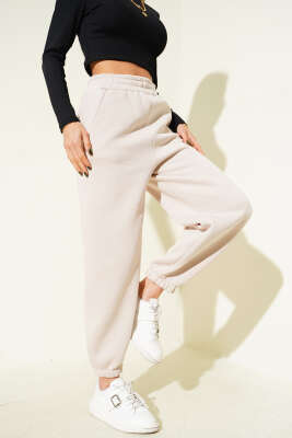 Paça Bel Lastikli Şardonlu Pantolon Bej - Kadın Giyim Modelleri