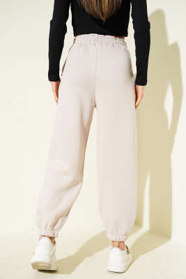 Paça Bel Lastikli Şardonlu Pantolon Bej - Kadın Giyim Modelleri