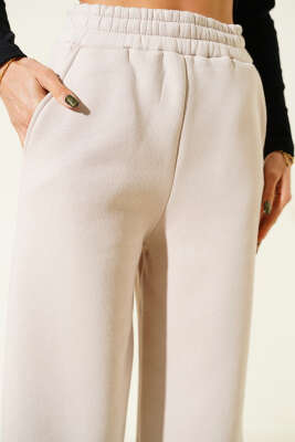 Paça Bel Lastikli Şardonlu Pantolon Bej - Kadın Giyim Modelleri