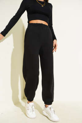 Paça Bel Lastikli Şardonlu Pantolon Siyah - Kadın Giyim Modelleri