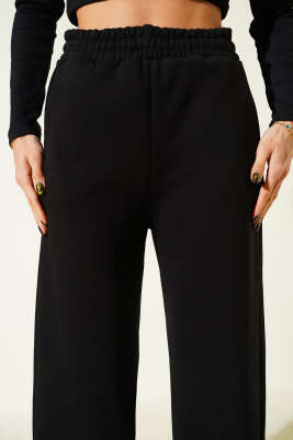 Paça Bel Lastikli Şardonlu Pantolon Siyah - Kadın Giyim Modelleri