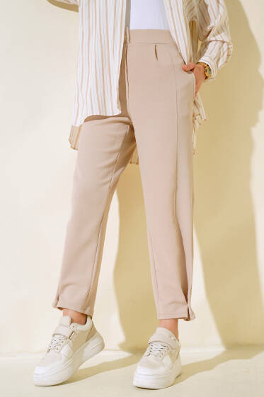 Paça Düğmeli Salaş Pantolon Bej - Pantolon