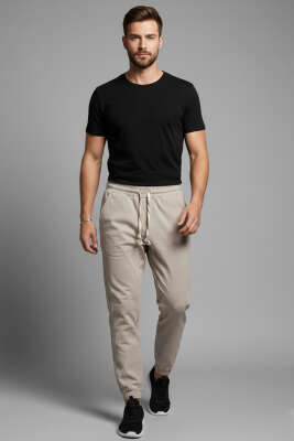 Paça Lastikli Erkek Eşofman Alt Bej - Erkek Eşofman Alt