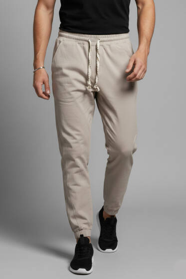 Paça Lastikli Erkek Eşofman Alt Bej - Erkek Eşofman Alt