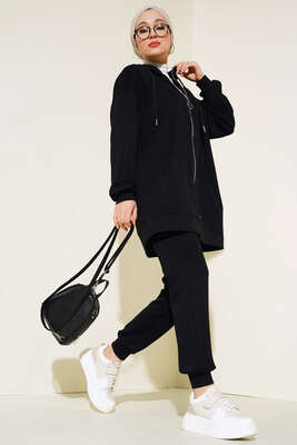 Paça Lastikli Fermuarlı İkili Takım Siyah 