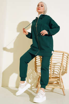 Paça Lastikli Fermuarlı İkili Takım Zümrüt Yeşili - ESSE