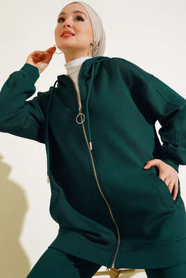 Paça Lastikli Fermuarlı İkili Takım Zümrüt Yeşili - İKİLİ TAKIM