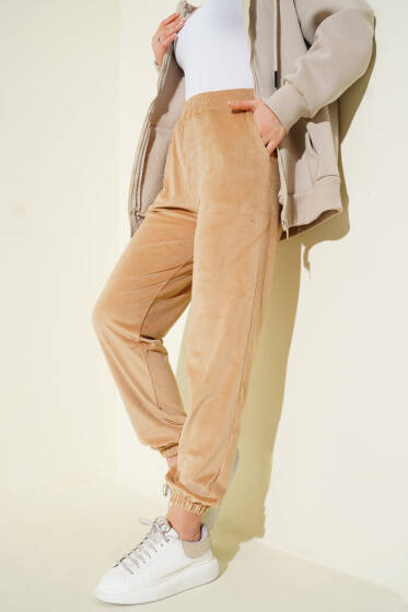 Paça Lastikli Kadife Jogger Pantolon Camel - Pantolon