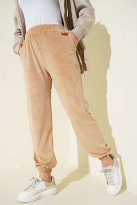 Paça Lastikli Kadife Jogger Pantolon Camel - Pantolon