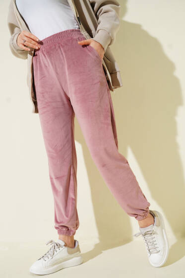 Paça Lastikli Kadife Jogger Pantolon Gül Kurusu - Pantolon