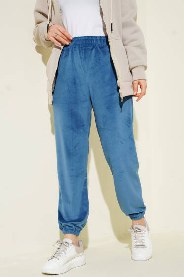 Paça Lastikli Kadife Jogger Pantolon İndigo - Pantolon