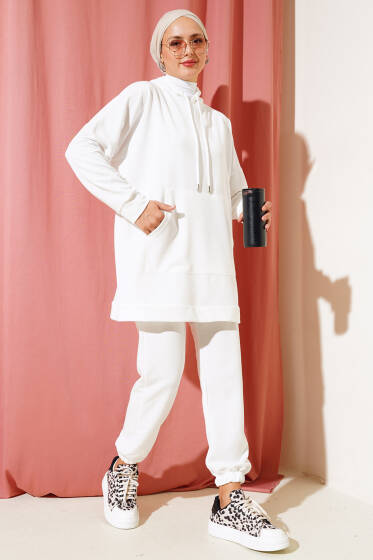 	 Paça Lastikli Kapüşonlu İkili Takım Beyaz - İkili Takım