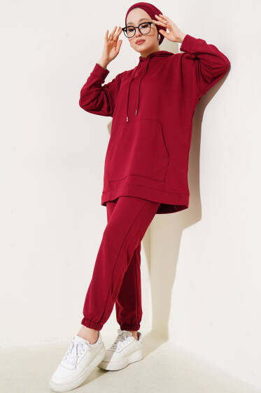 Paça Lastikli Kapüşonlu İkili Takım Bordo - İkili Takım
