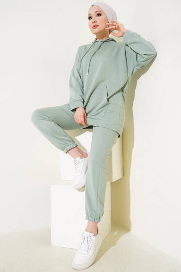 Paça Lastikli Kapüşonlu İkili Takım Çağla Yeşili - İkili Takım