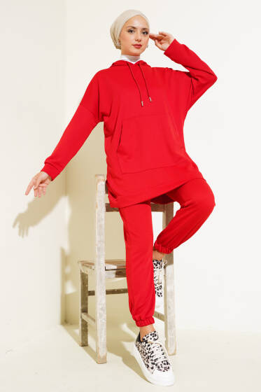 Paça Lastikli Kapüşonlu İkili Takım Kırmızı - İkili Takım