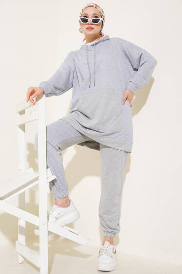 Paça Lastikli Kapüşonlu İkili Takım Melanj Gri - İkili Takım