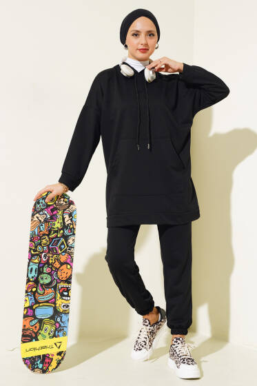 Paça Lastikli Kapüşonlu İkili Takım Siyah - İkili Takım