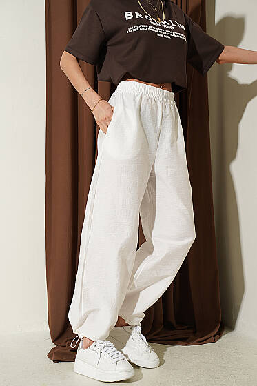 Paça Lastikli Paraşüt Jogger Pantolon Beyaz - Kadın Giyim Modelleri
