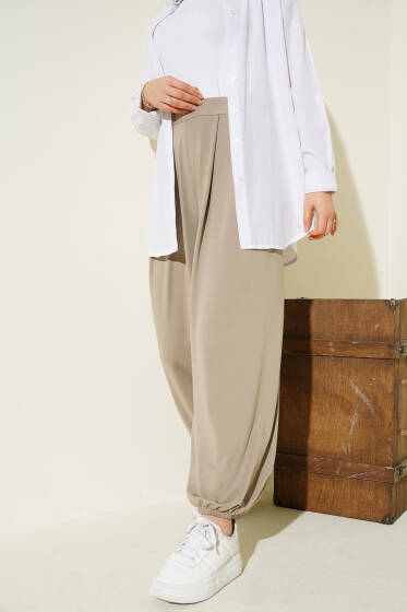 Paça Lastikli Salaş Pantolon Bej - Pantolon