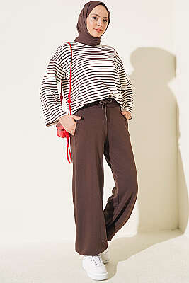 Paça Lastikli Üç İplik Pantolon Kahve - Pantolon