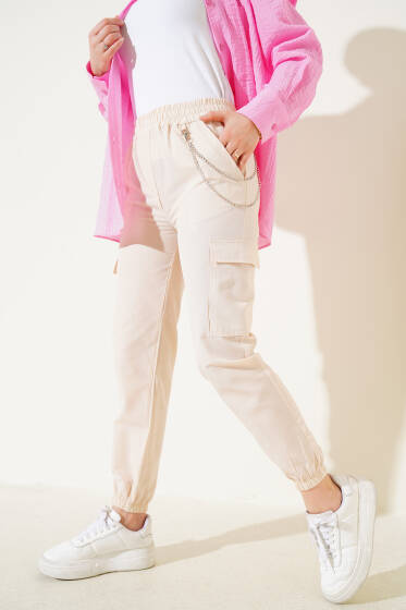 Paça Lastikli Zincirli Kargo Pantolon Bej - Pantolon