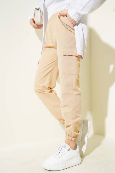 Paça Lastikli Zincirli Kargo Pantolon Camel - Pantolon