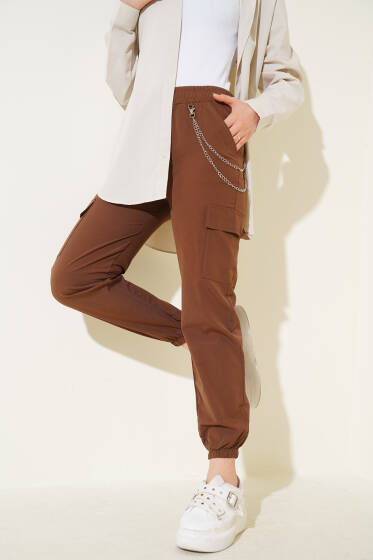 Paça Lastikli Zincirli Kargo Pantolon Kahve - Pantolon