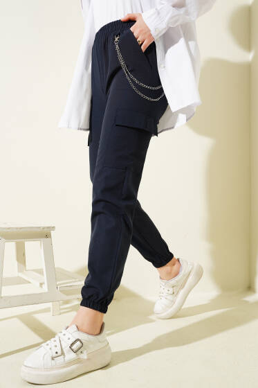 Paça Lastikli Zincirli Kargo Pantolon Lacivert - Pantolon