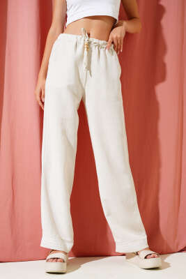 Paça Nakışlı Keten Pantolon Bej - LUSTRİN