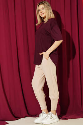 Paça Pensli Bel Lastikli Scuba Pantolon Bej - Kadın Giyim Modelleri