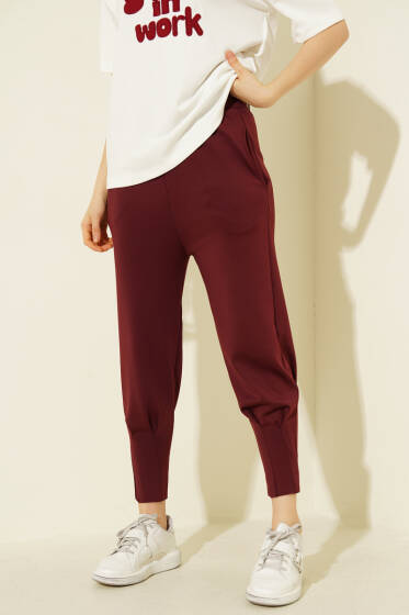 Paça Pensli Bel Lastikli Scuba Pantolon Bordo - Kadın Giyim Modelleri