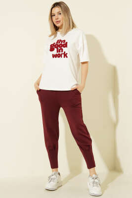 Paça Pensli Bel Lastikli Scuba Pantolon Bordo - Kadın Giyim Modelleri