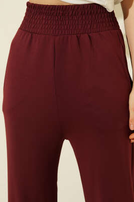 Paça Pensli Bel Lastikli Scuba Pantolon Bordo - Kadın Giyim Modelleri