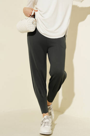 Paça Pensli Bel Lastikli Scuba Pantolon Füme - Kadın Giyim Modelleri