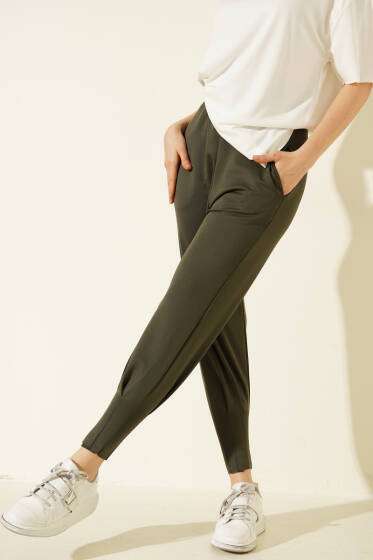 Paça Pensli Bel Lastikli Scuba Pantolon Haki - Kadın Giyim Modelleri