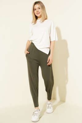 Paça Pensli Bel Lastikli Scuba Pantolon Haki - Kadın Giyim Modelleri