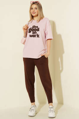 Paça Pensli Bel Lastikli Scuba Pantolon Kahve - Kadın Giyim Modelleri