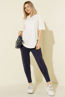 Paça Pensli Bel Lastikli Scuba Pantolon Lacivert - Kadın Giyim Modelleri