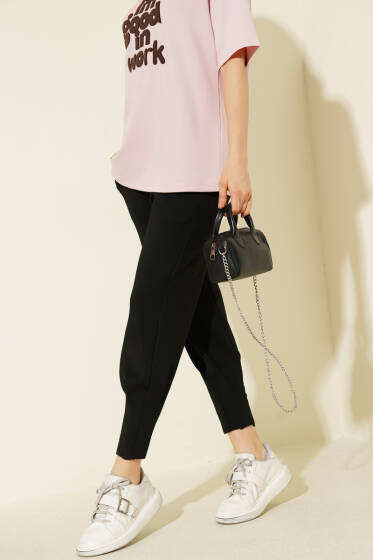 Paça Pensli Bel Lastikli Scuba Pantolon Siyah - Kadın Giyim Modelleri