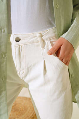 Paça Pensli Jean Pantolon Ekru - Yılın Fırsatı