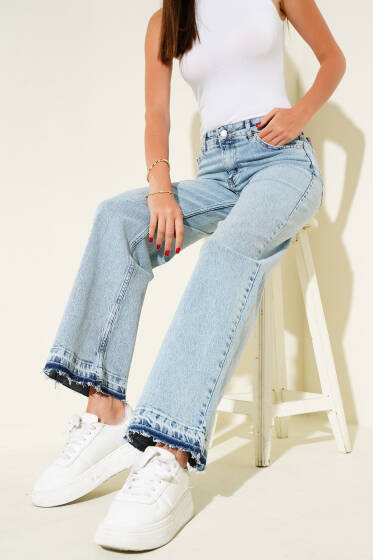 Paça Püskül Detaylı Kot Pantolon Açık Kar - Kadın Giyim Modelleri