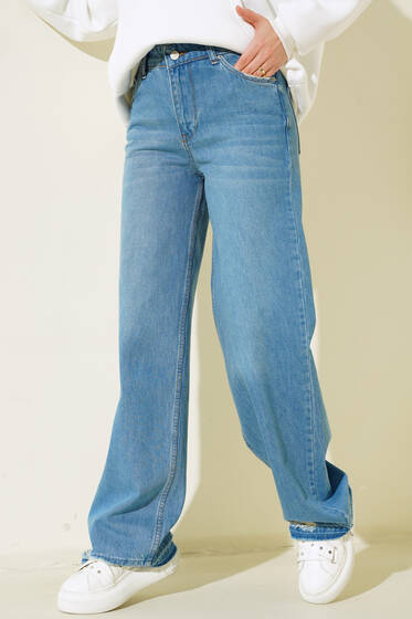 Paça Püskül Detaylı Palazzo Kot Pantolon Buz Mavisi - Pantolon