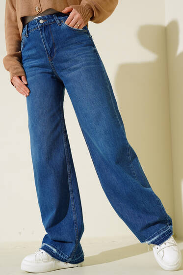 Paça Püskül Detaylı Palazzo Kot Pantolon Mavi - Pantolon