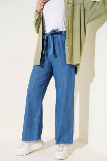Paça Püsküllü Bel Kuşaklı Tensel Kot Pantolon Mavi - Pantolon