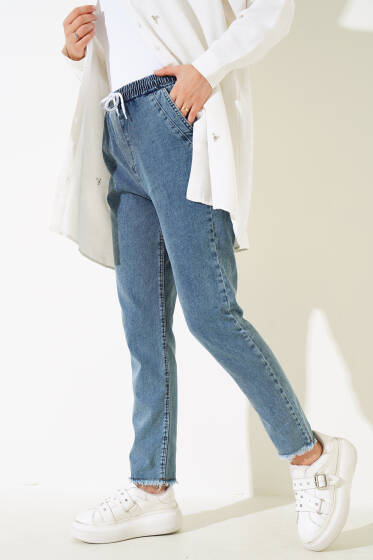 Paça Püsküllü Cepli Kot Pantolon Kar Yıkama - Pantolon