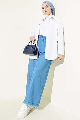 Paça Püsküllü Cepli Salaş Kot Pantolon Açık Mavi - Pantolon