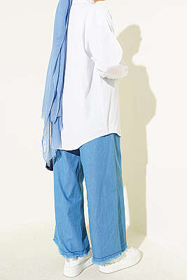 Paça Püsküllü Cepli Salaş Kot Pantolon Açık Mavi - Pantolon