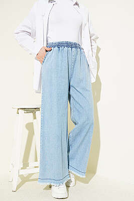 Paça Püsküllü Cepli Salaş Kot Pantolon Buz Mavisi - TEGOE