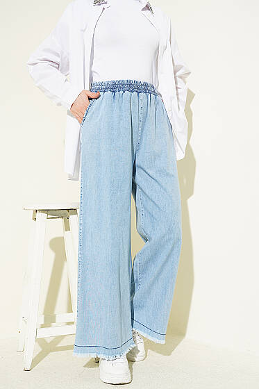 Paça Püsküllü Cepli Salaş Kot Pantolon Buz Mavisi - Pantolon